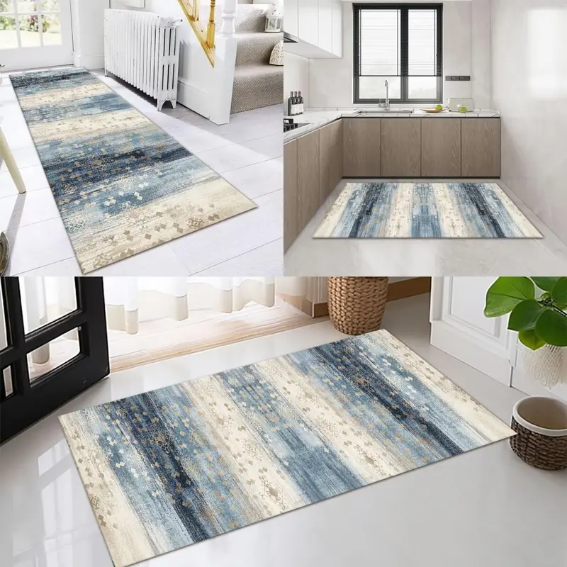 Alfombra Larga Antideslizante para Pasillo y Cocina 100x240cm Poliéster Azul Marrón