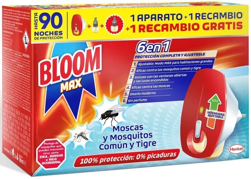Bloom Max Pack 1 Aparato + 2 Recambios – Protección Ajustable Hasta 90 Noches Contra Mosquitos