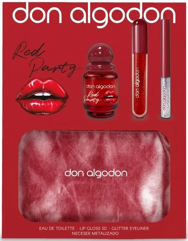 Don Algodon Estuche Red Party Colonia + Lip Gloss 3D + Glitter Eyeliner Neceser Metalizado