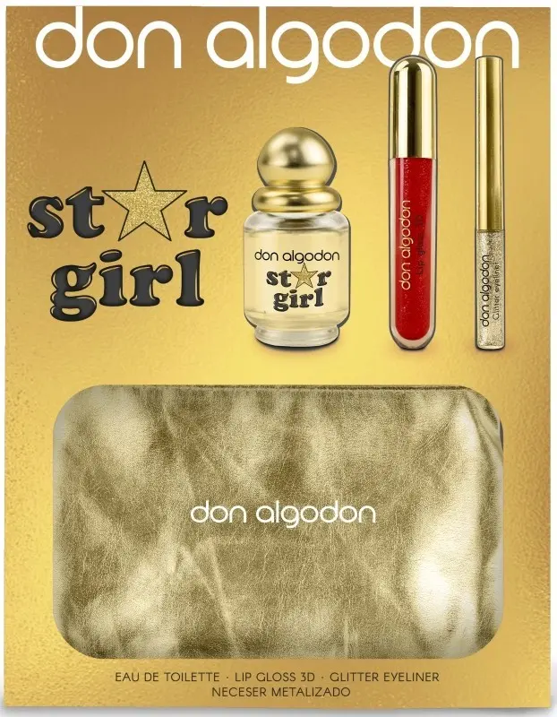 Don Algodon Estuche Star Girl EAU de Toilette + Lip Gloss 3D + Glitter Eyeliner + Neceser Metalizado