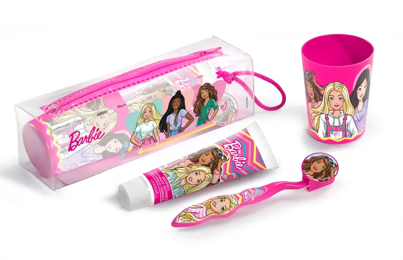 Estuche Dental Infantil Barbie - Cepillo, Pasta de Dientes y Vaso