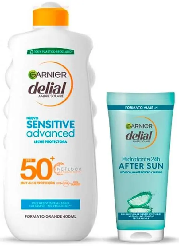 Garnier Delial Sensitive Advanced Leche Protectora FPS 50+ y After Sun Pack 400 ml + 100 ml