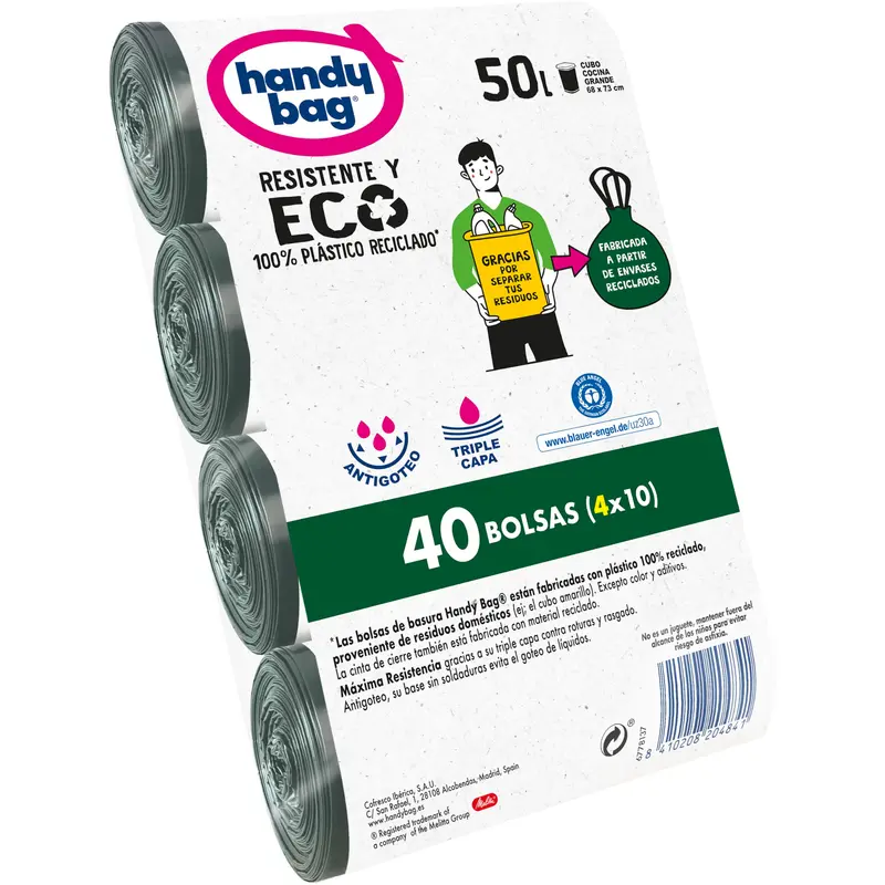Handy Bag Bolsas de Basura 100L Resistentes con 80% Material Reciclado - Pack 10