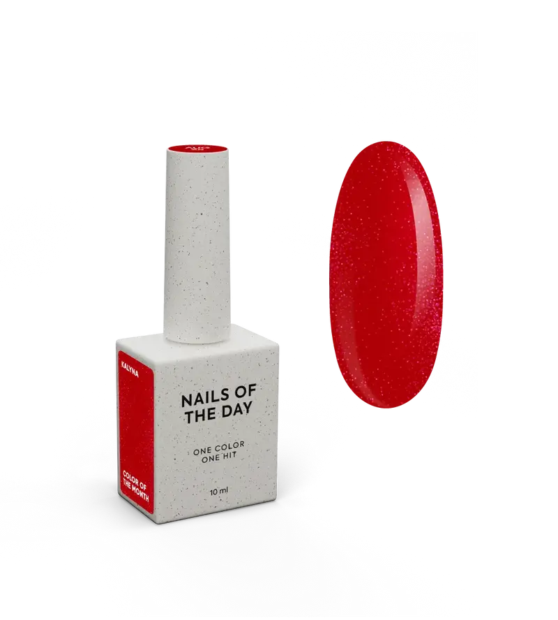 NAILSOFTHEDAY Color del Mes – Agosto 2025 Kalyna – rojo intenso de viburno con destellos rosas finos. Cubre perfectamente en una sola capa. 10 ml.