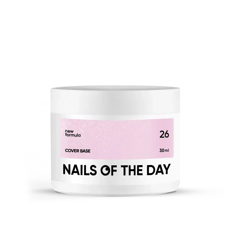 Nailsoftheday Cover base NEW Formula 26 — suave tono rosa con shimmer plateado, de brillo más frío, una base camuflaje para uñas, 30 ml.