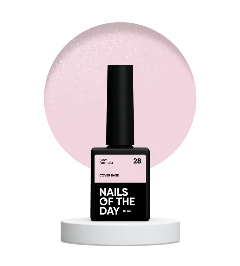 Nailsoftheday Cover base NEW Formula 28 — semitransparente tono rosa empolvado con shimmer plateado, una base camuflaje para uñas, 10 ml.