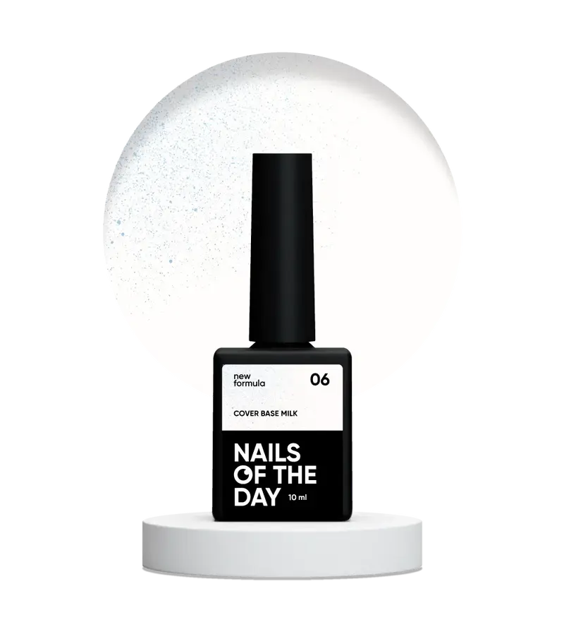 Nailsoftheday Cover base NEW Formula milk 06 — un tono lechoso, semitransparente con brillo azul que crea un efecto de tono más frío, una base de camuflaje para uñas, 10 ml.