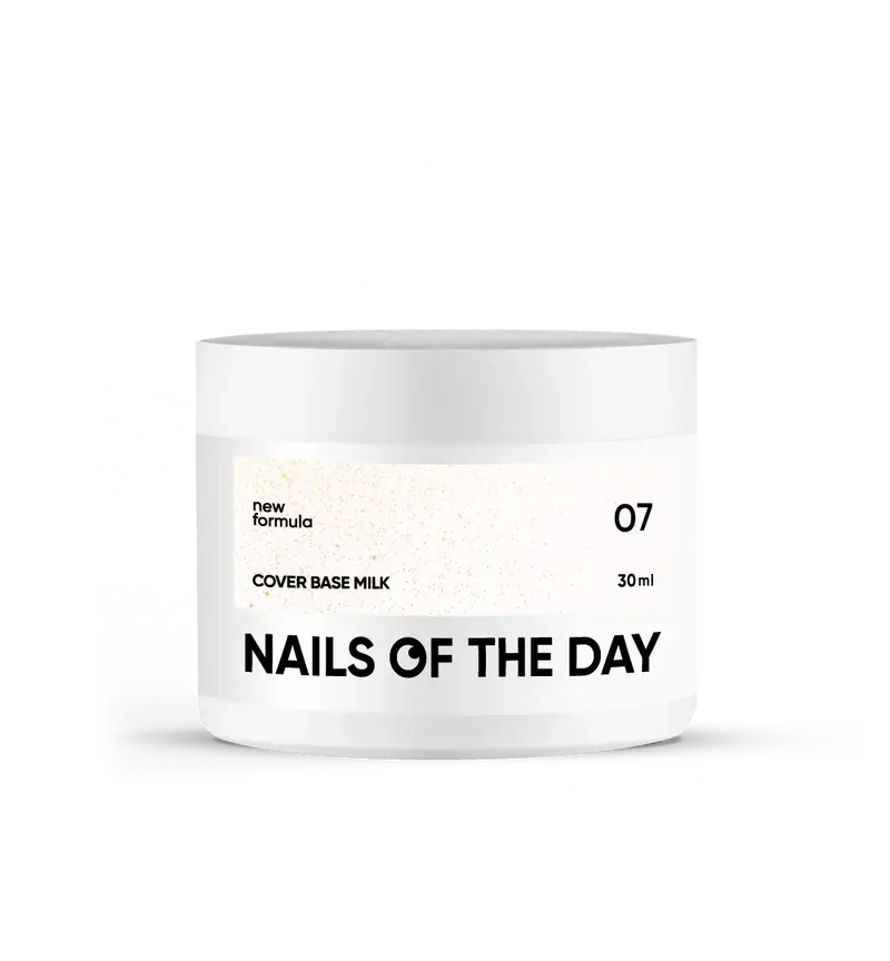 Nailsoftheday Cover Base NEW Formula Milk 07 — base camufladora lechosa y semitransparente con brillo dorado que aporta un reflejo cálido y dorado, 30 ml