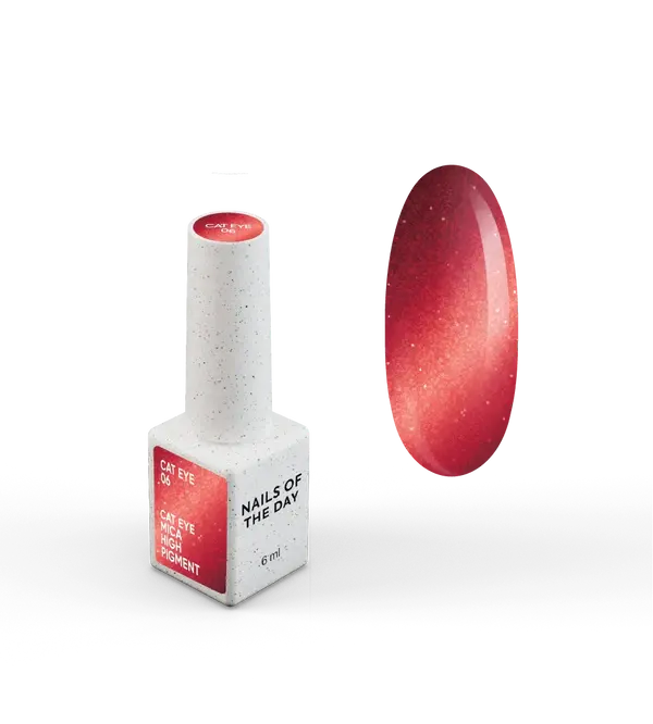 NAILSOFTHEDAY Gel Polish Cat Eye 06 — esmalte semipermanente rojo efecto ojo de gato con partículas metálicas finas y un ligero efecto reflectante. Cobertura total en una sola capa. 6 ml.