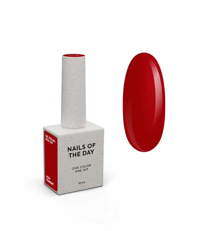 NAILSOFTHEDAY Gel Polish Rich 139— esmalte semipermanente rojo intenso con cobertura completa en una sola capa. 10 ml.