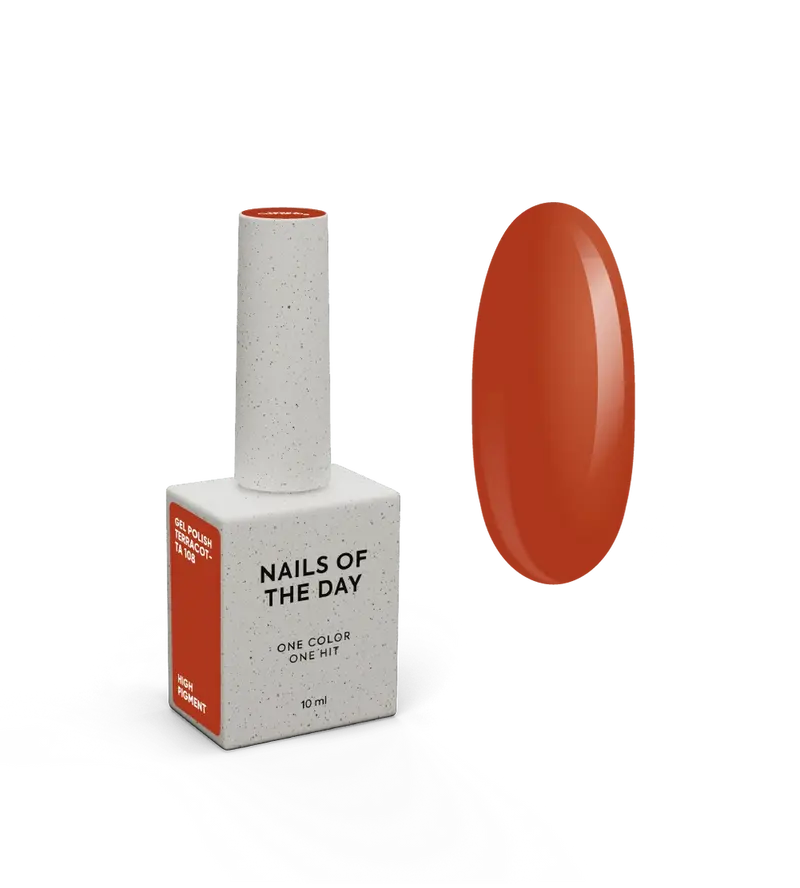 NAILSOFTHEDAY Gel Polish Terracotta 108— esmalte semipermanente en tono terracota (ladrillo) con cobertura completa en una sola capa. 10 ml.