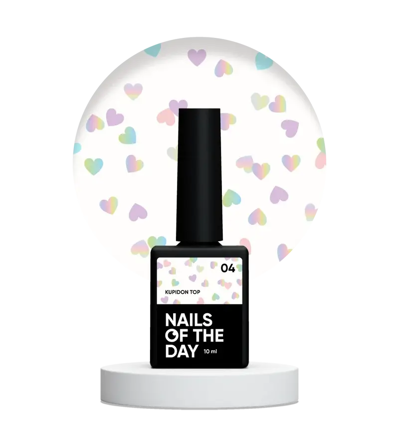 NAILSOFTHEDAY Kupidon Top 04 — top coat con corazones holográficos, sin capa pegajosa, 10 ml.
