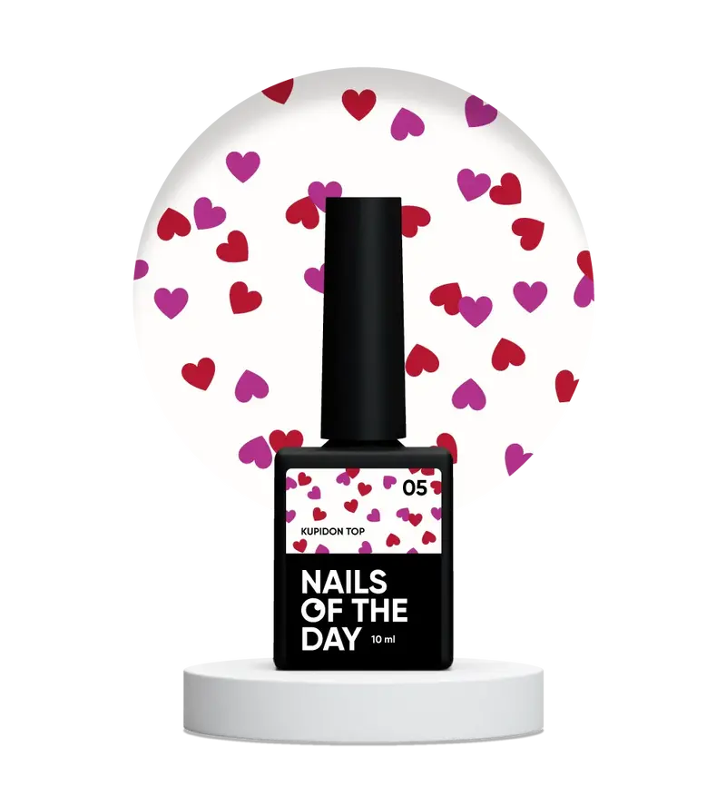 NAILSOFTHEDAY Kupidon Top 05 — top coat con corazones rojo intenso y frambuesa, sin capa pegajosa, 10 ml.