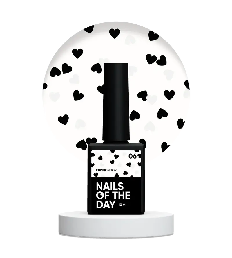 NAILSOFTHEDAY Kupidon Top 06 — top coat con corazones negros y blancos, sin capa pegajosa, 10 ml.