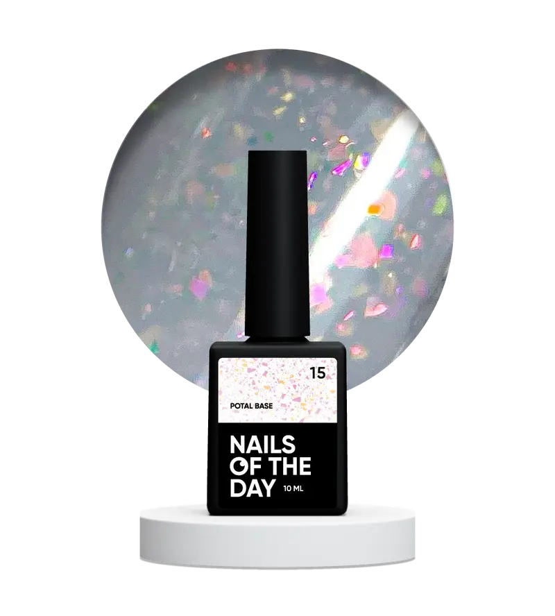 NAILSOFTHEDAY Potal base 15 – base lechosa suave con decoracion holográfica y elegante, 10 ml