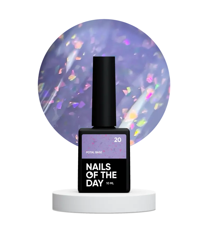 NAILSOFTHEDAY Potal base 20 – base violeta suave con elegante decoracion holográfica, 10 ml
