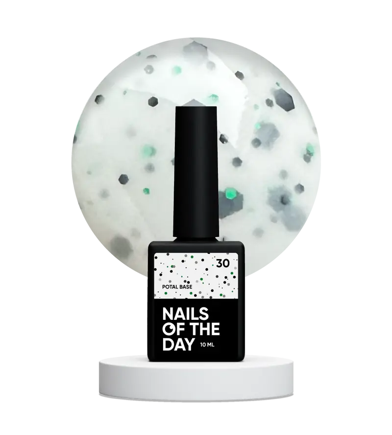 NAILSOFTHEDAY Potal base 30 — base lechosa con brillo negro y verde, 10 ml