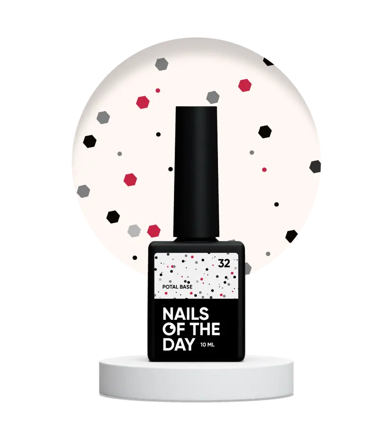 NAILSOFTHEDAY Potal base 32 — base lechosa con brillos negros y rojos, 10 ml