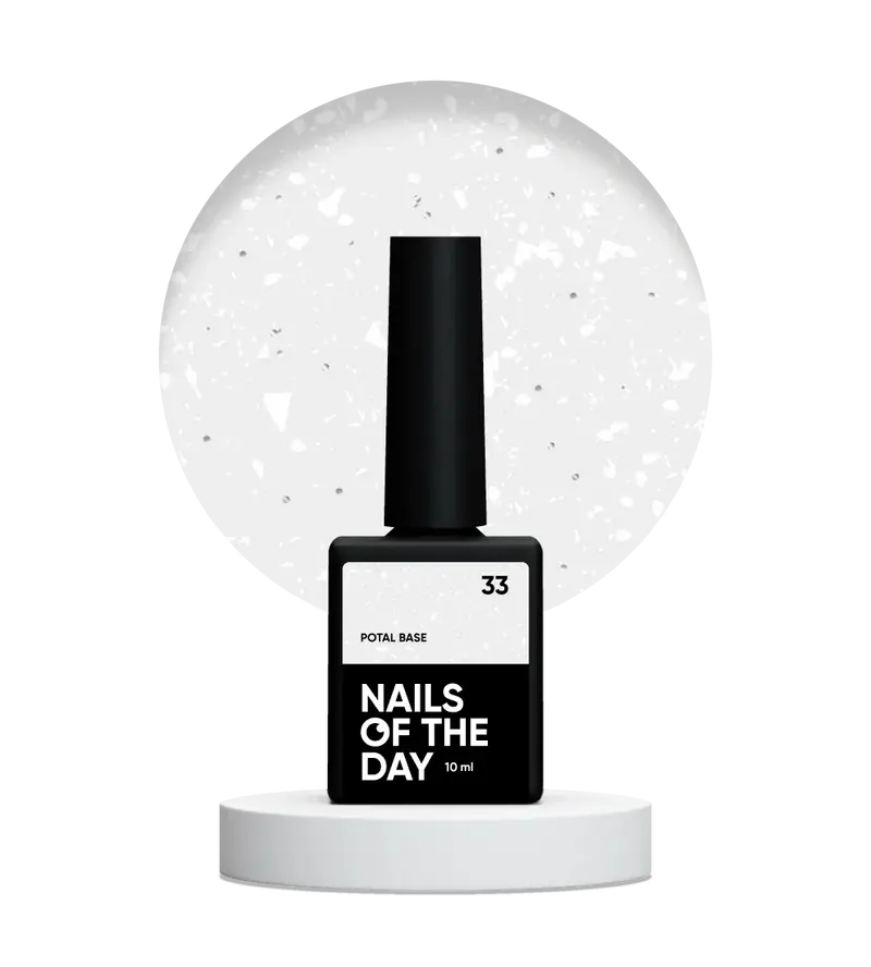 NAILSOFTHEDAY Potal base 33 — base semitransparente con destellos blancos y reflejos plateados finos, 10 ml.
