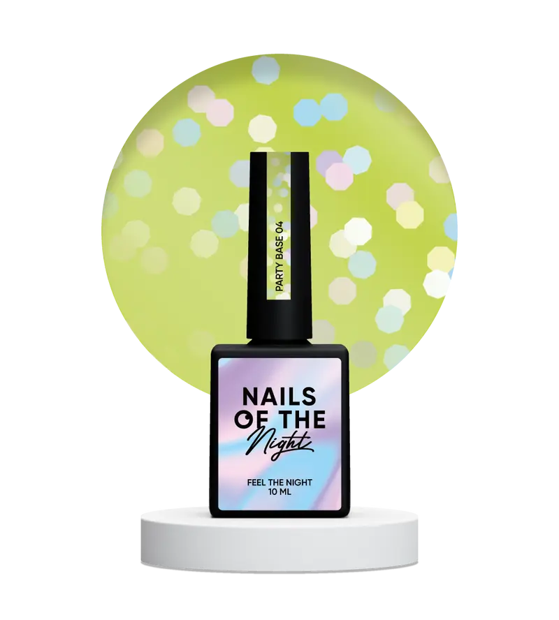 NAILSOFTHENIGHT Party base 04 – base verde limón neón con hexágonos holográficos, 10 ml