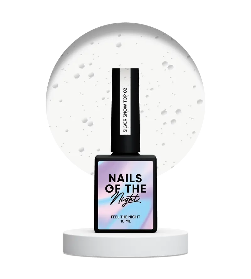 NAILSOFTHENIGHT Silver Snow top 02 — top con hexágonos plateados de diferentes tamaños, sin capa pegajosa, 10 ml