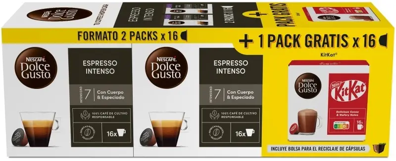 Nestle Dolce Gusto Espresso Intenso 2 Packs x 16 + 1 Pack Gratis 16 Capsulas Kit Kat