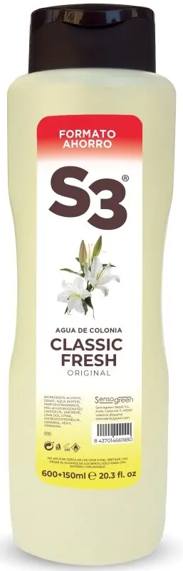 S3 Agua de Colonia Classic Fresh Original 750 ml - Colonia de Baño con Frescura y Elegancia para Toda la Familia