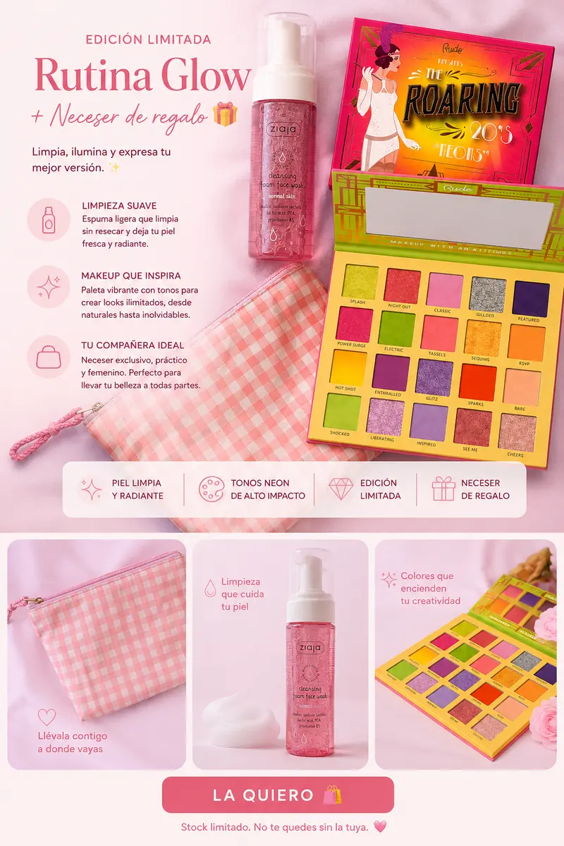 Set Maquillaje Verano · Paleta Rude Neons + Limpiador + Neceser