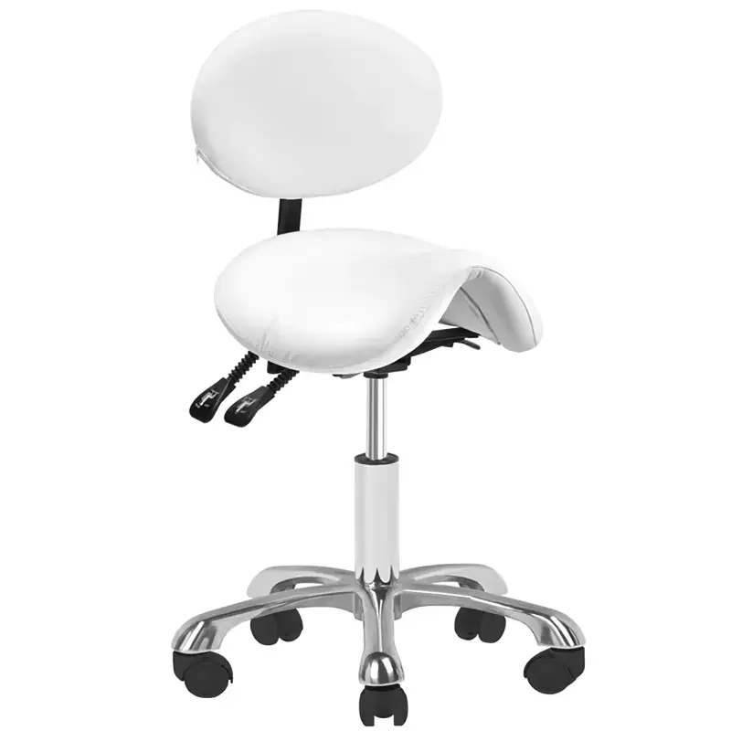 Taburete de estética tipo pony con asiento extra grueso hidráulico con respaldo regulable blanco | Calidad Premium