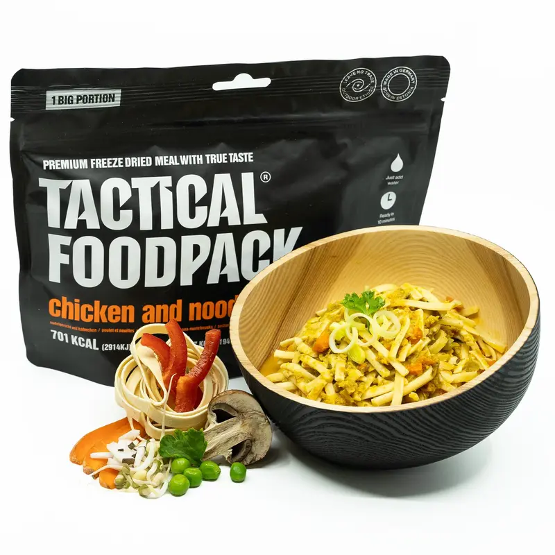 Tactical Foodpack Pasta con salsa de pollo y coco en porción grande - Comidas liofilizadas I Listo para el consumo I MRE I Survival I Alimentos al aire libre I Trekking Alimentos I Expedición I