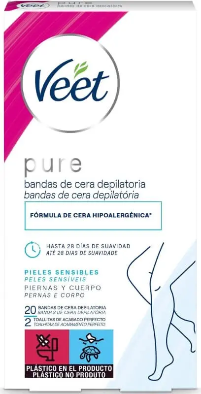 Veet Pure Bandas de Cera Depilatoria Hipoalergénica Pieles Sensibles 20 Bandas